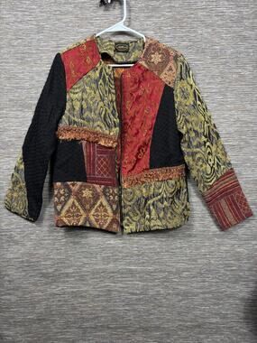 Aline Jacket Womens Medium Multicolor Patchwork Floral Fringe Zip Boho
